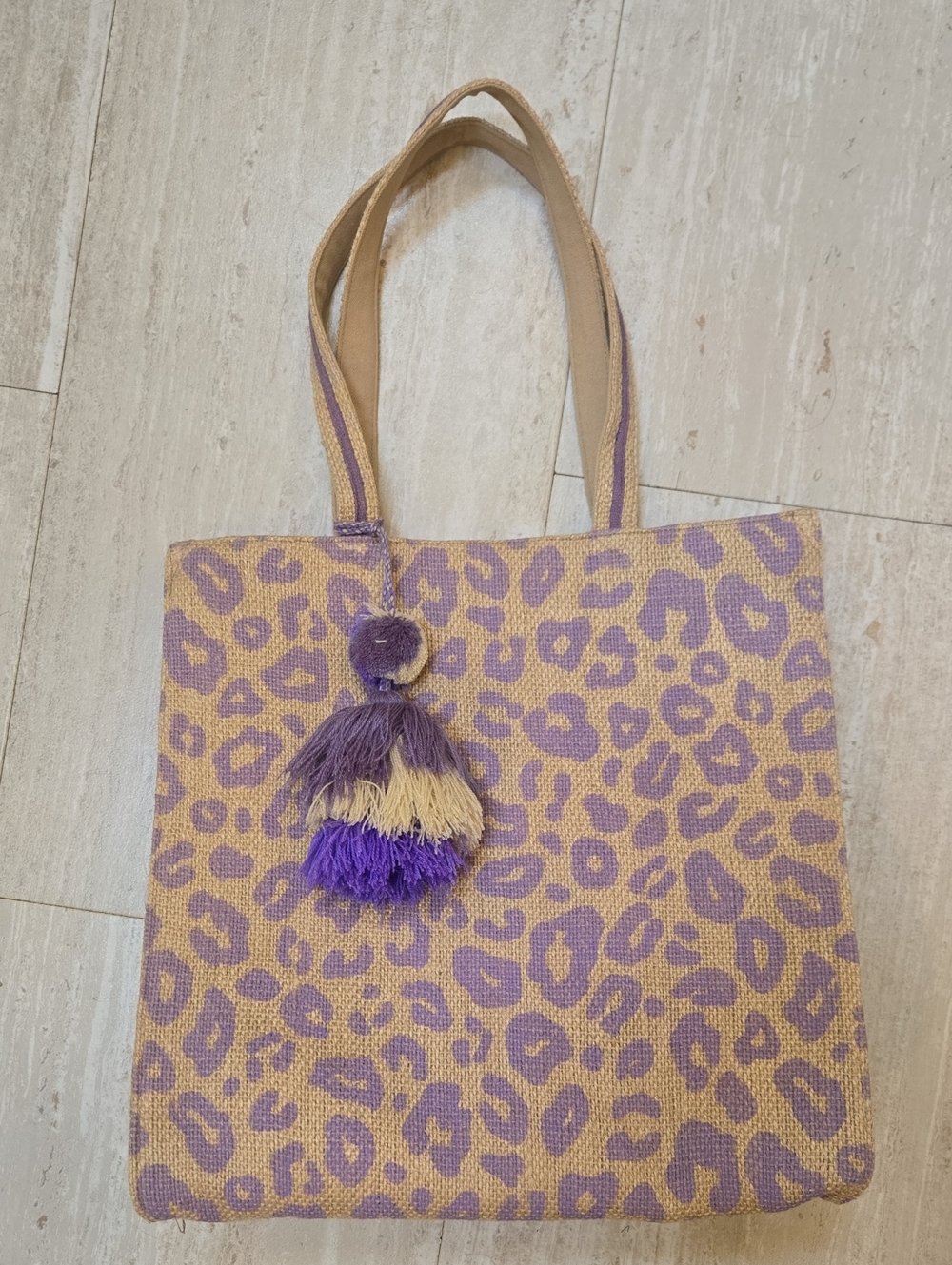 America & Beyond Tan Jute Lavender Leopard Print Versatile Bag
